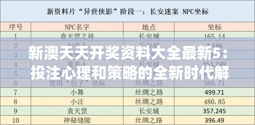 新澳天天开奖资料大全最新5： 投注心理和策略的全新时代解读